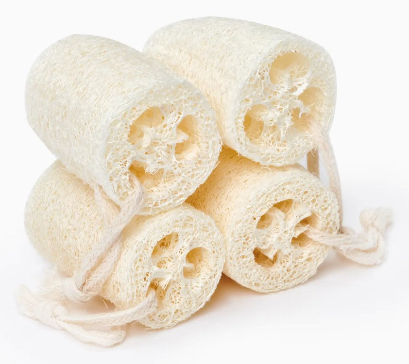 Four luffa sponges stacked neatly together
