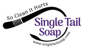 Logo for Single Tail Soap. A black whip circles the words while the tagline "So Clean It Hurts" is across the top and the website address across the bottom.